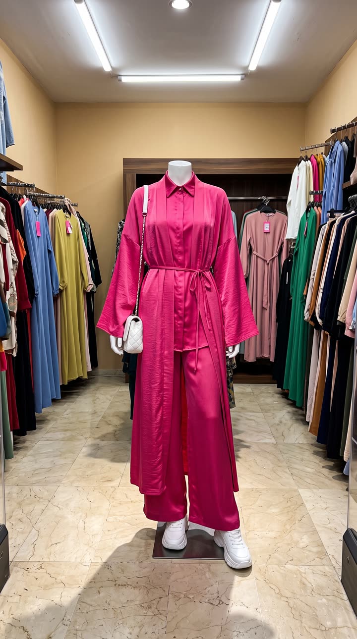 Pink satin shirt and wide trousers set on a mannequin in a boutique