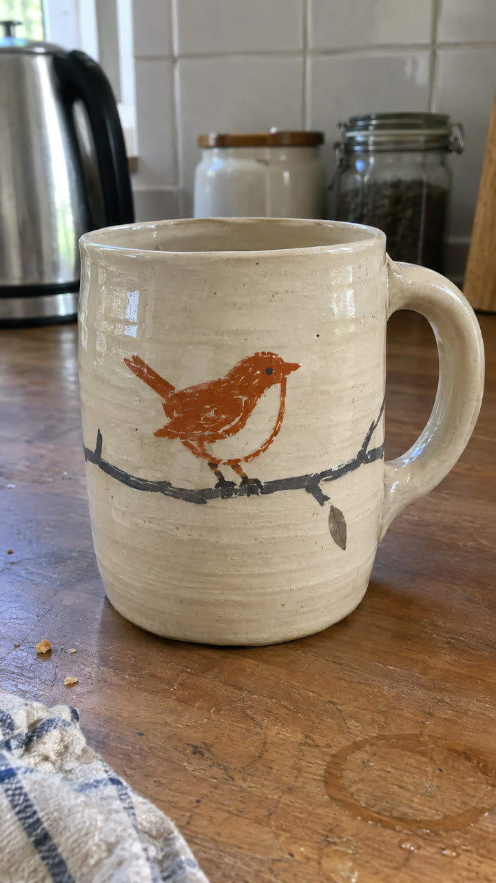 Photo of a handmade cream stoneware mug with a painted wren