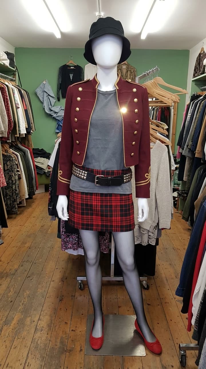 Friday outfit: burgundy jacket and tartan skirt on a mannequin