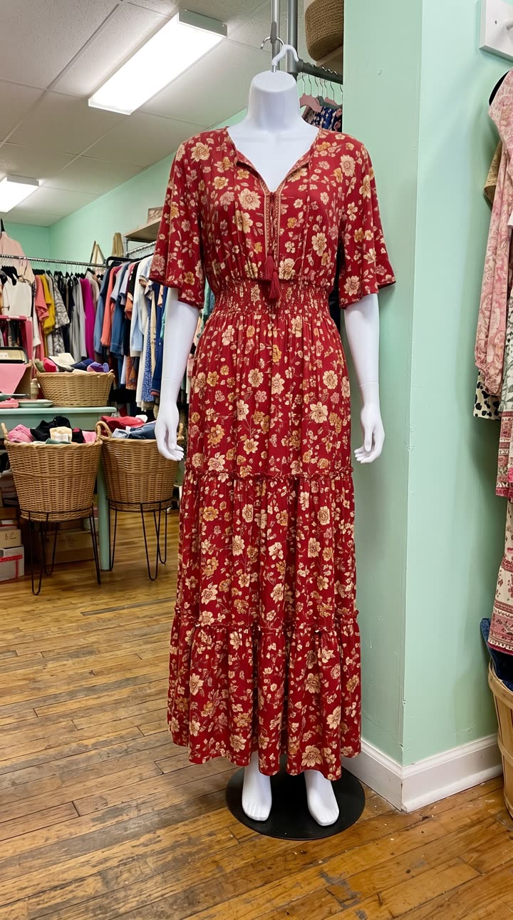 Floral maxi dress on a mannequin, one of five outfit photos