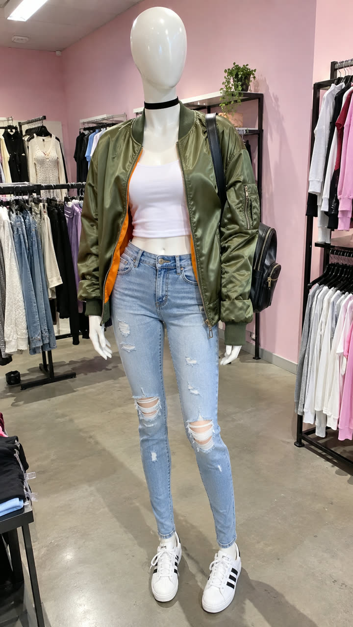 Thursday outfit: olive bomber jacket, white top and ripped jeans on a mannequin