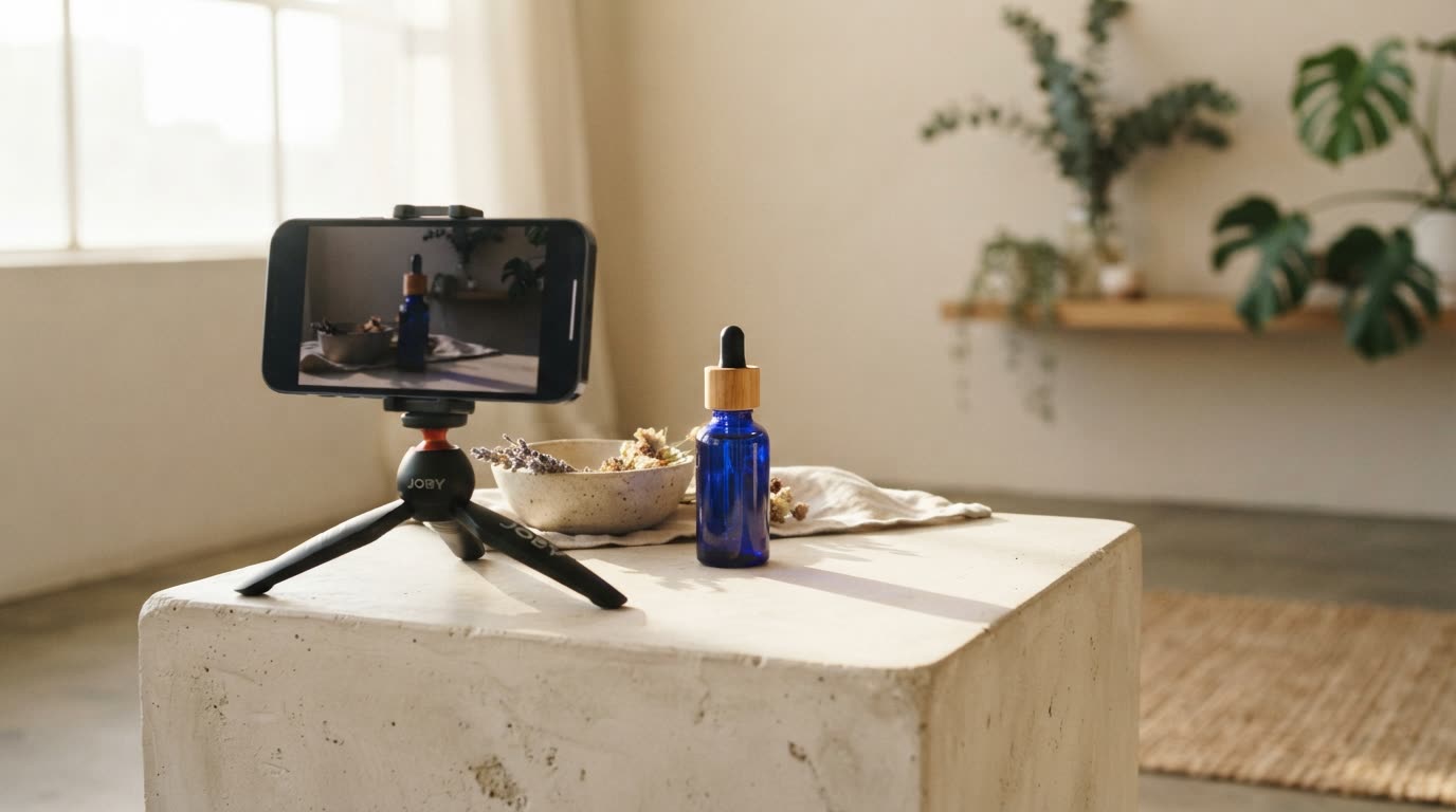 A smartphone on a small tripod filming a premium glass skincare serum bottle on a stone pedestal in a sunlit minimal studio, cinematic rim light