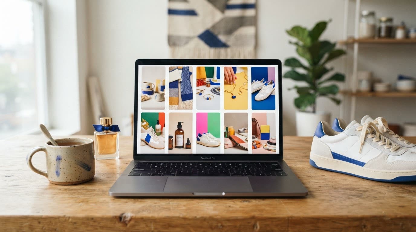 A laptop on a wooden desk showing a grid of colourful vertical product video thumbnails, surrounded by a ceramic mug, a sneaker and a small perfume bottle