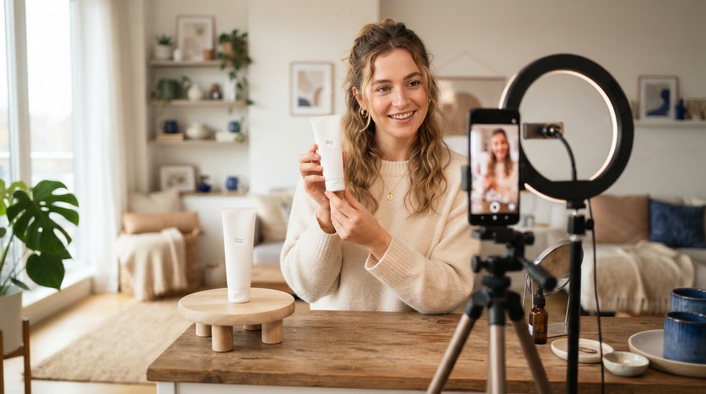 A young woman at home holding a skincare tube up to a phone on a tripod with a ring light, while the same product stands on a clean studio set beside her