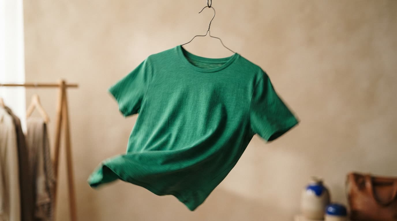 A green cotton t-shirt on a hanger floating mid-motion with gentle motion blur against a warm beige studio backdrop