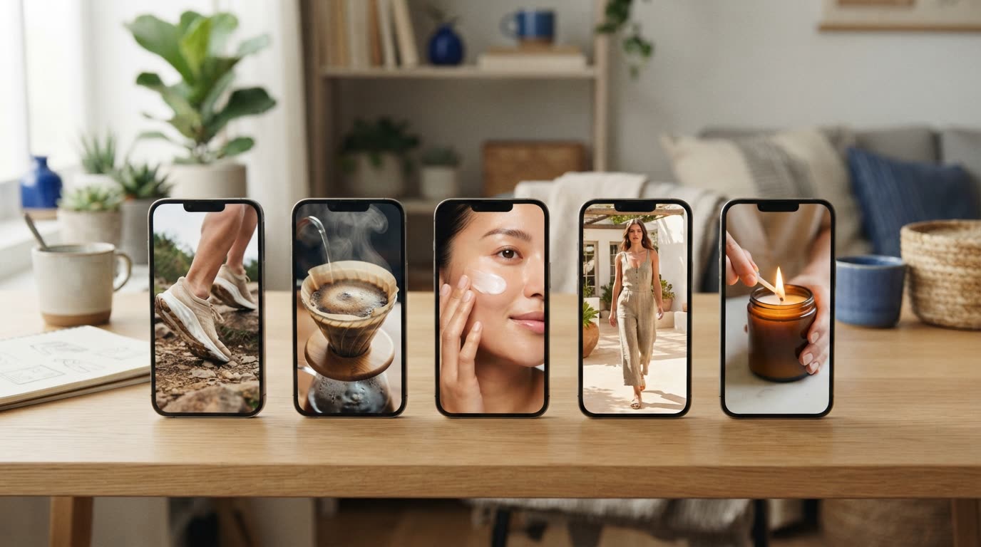Five smartphones standing upright in a row on a desk, each screen showing a different bright vertical product video: shoes, coffee, skincare, clothing, a candle