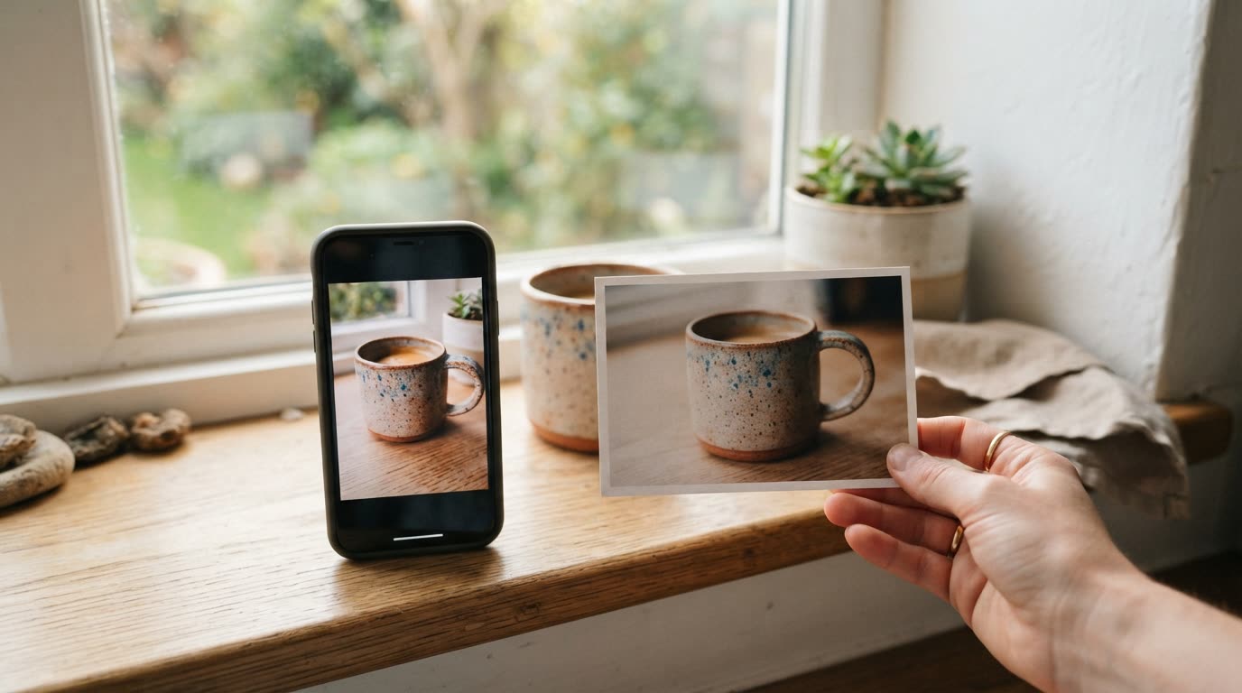 A hand holding a printed photo of a handmade ceramic mug next to a smartphone playing a video of the same mug on a sunny kitchen windowsill