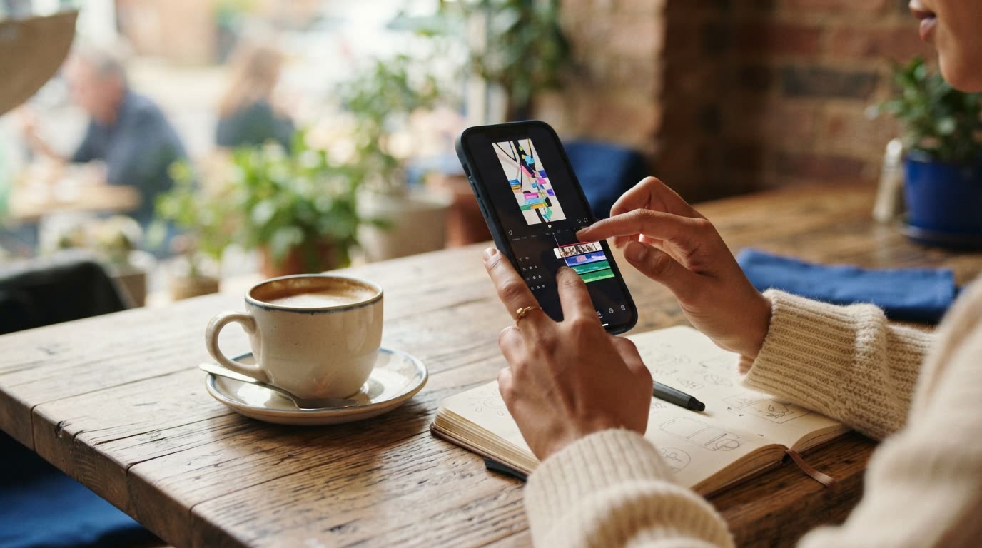 Hands holding a smartphone editing a vertical video timeline at a cafe table, coffee cup and notebook nearby, screen content abstract