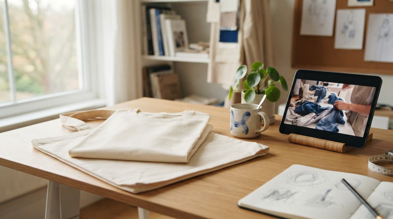 A designer's desk with a folded t-shirt, a mug and a canvas tote bag as product samples beside a tablet showing a product video, soft daylight