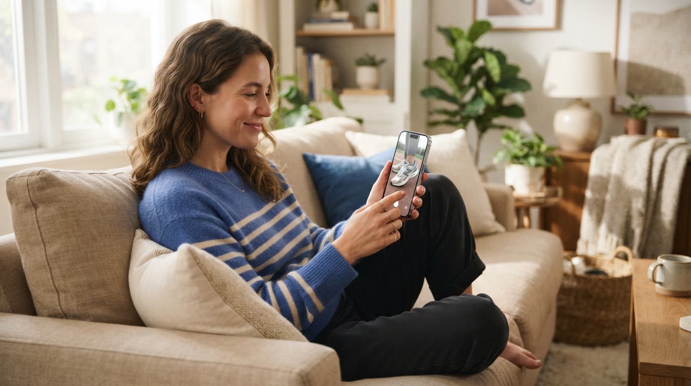 A person relaxing on a sofa scrolling a social feed on a phone; the phone screen shows a bright vertical video of a pair of running shoes