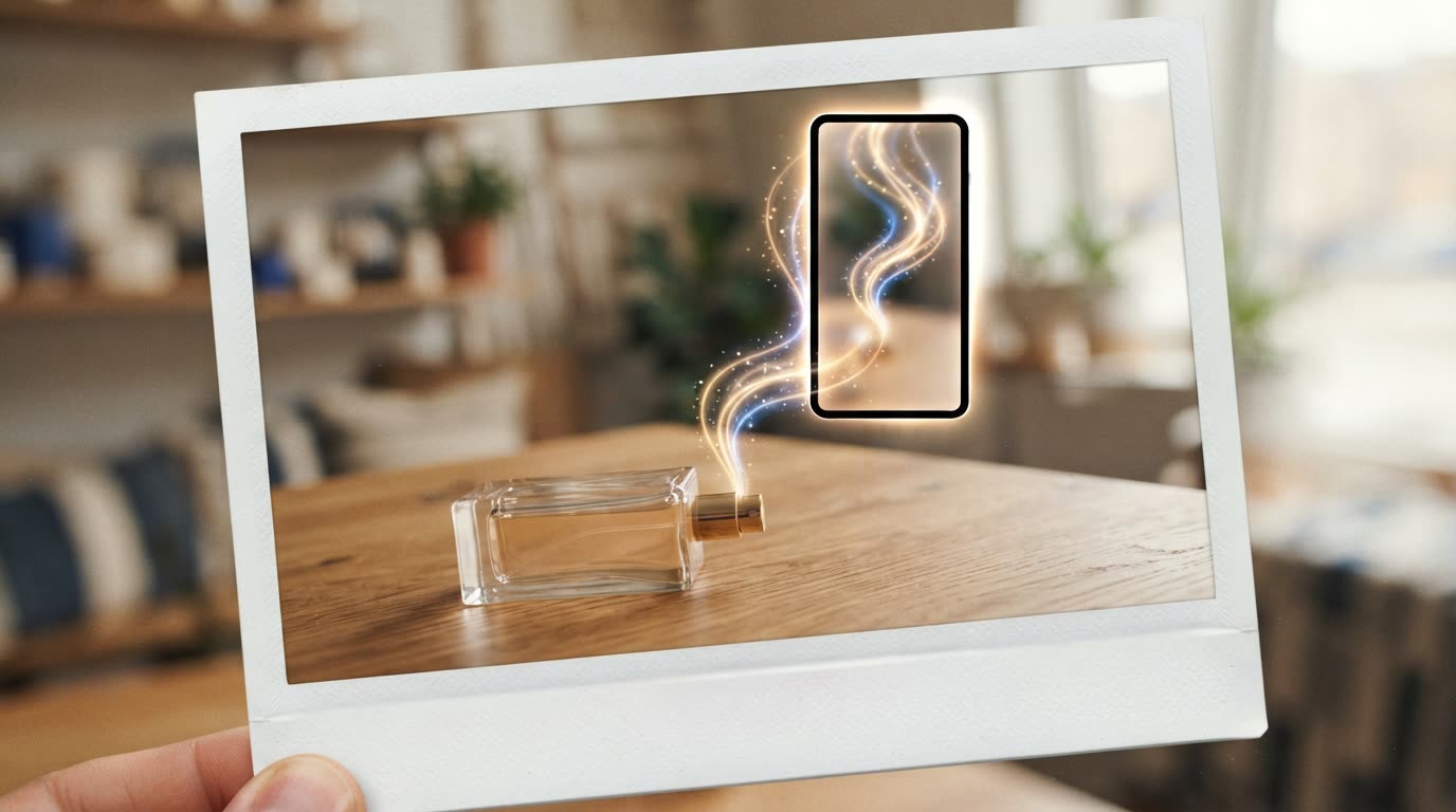 An instant photo of a perfume bottle lying on a table with soft light trails rising out of it into a glowing vertical video frame