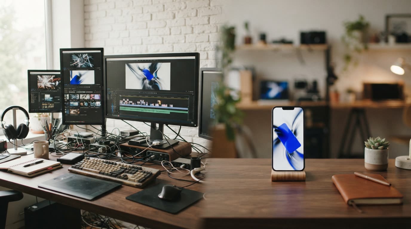 Two workspaces side by side: a cluttered multi-monitor editing setup with cables on the left, and a calm tidy desk with one phone playing a product video on the right