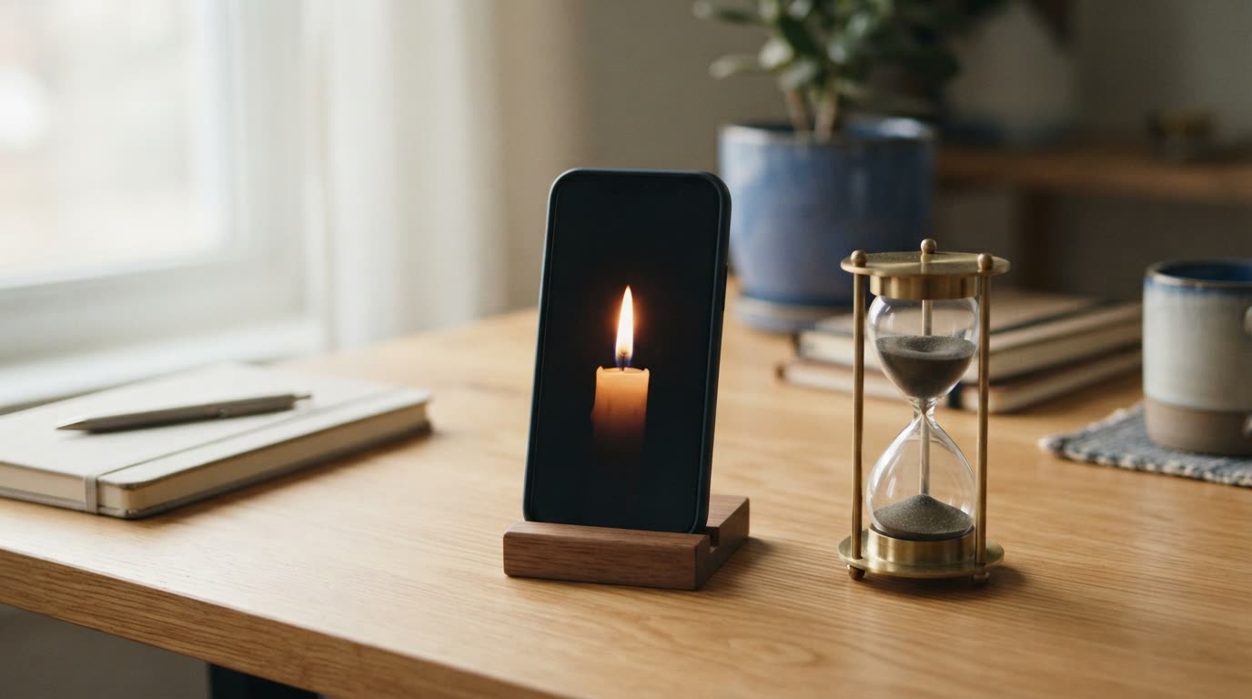 A smartphone standing on a desk playing a vertical video of a lit candle, with a small brass hourglass beside it