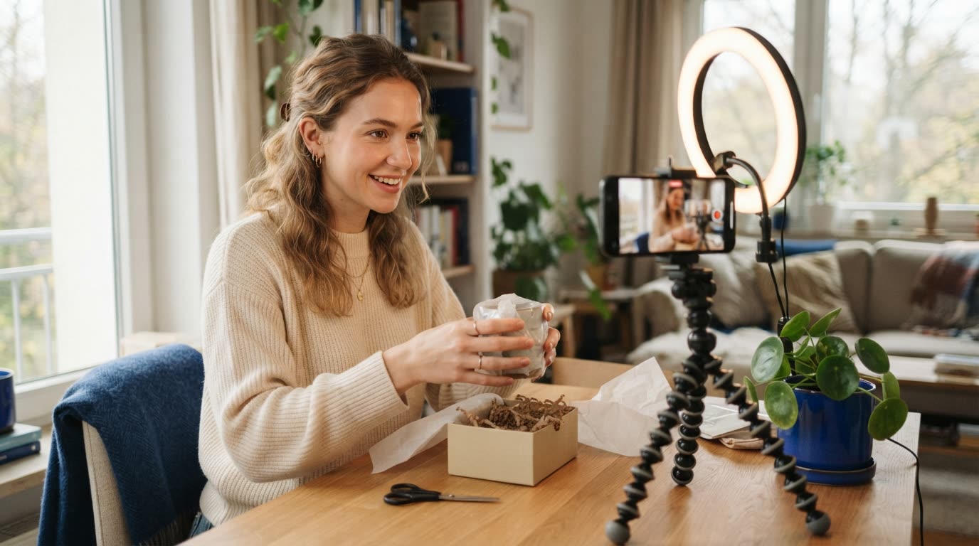 A young creator in a bright apartment recording herself unboxing a small product with a phone on a tripod and a ring light