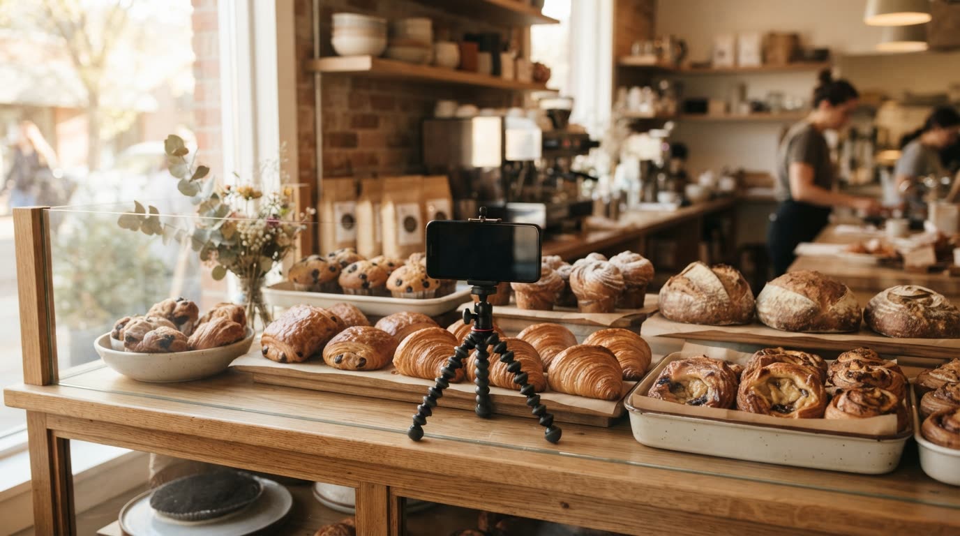 A small bakery counter with fresh pastries, a phone on a mini tripod filming them, warm morning light