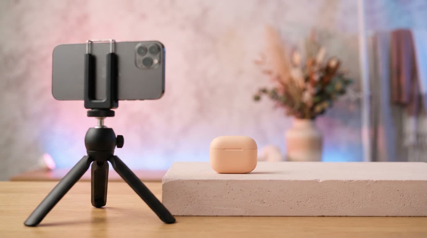 A phone on a tripod facing a wireless earbuds case on a pastel backdrop lit with soft pink and blue accent lights