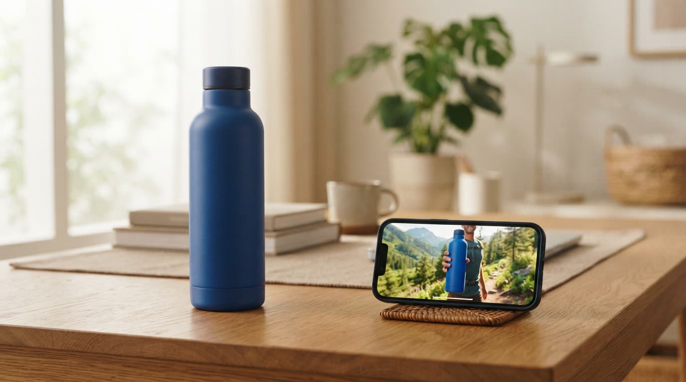 A reusable water bottle on a desk next to a phone whose screen shows a vertical video ad of the same bottle outdoors