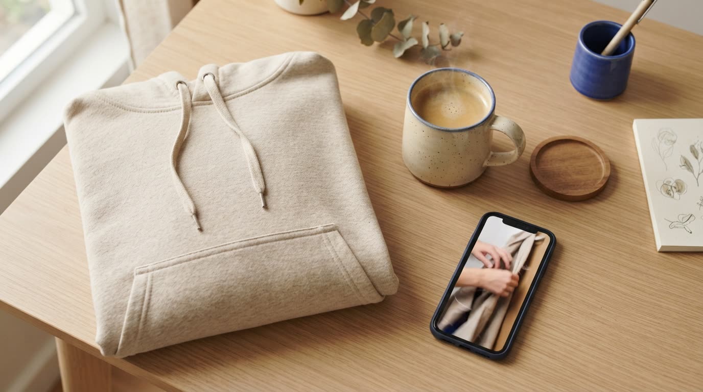 A flat lay of a hoodie, a ceramic mug and a smartphone showing a vertical product video, on a light wooden desk