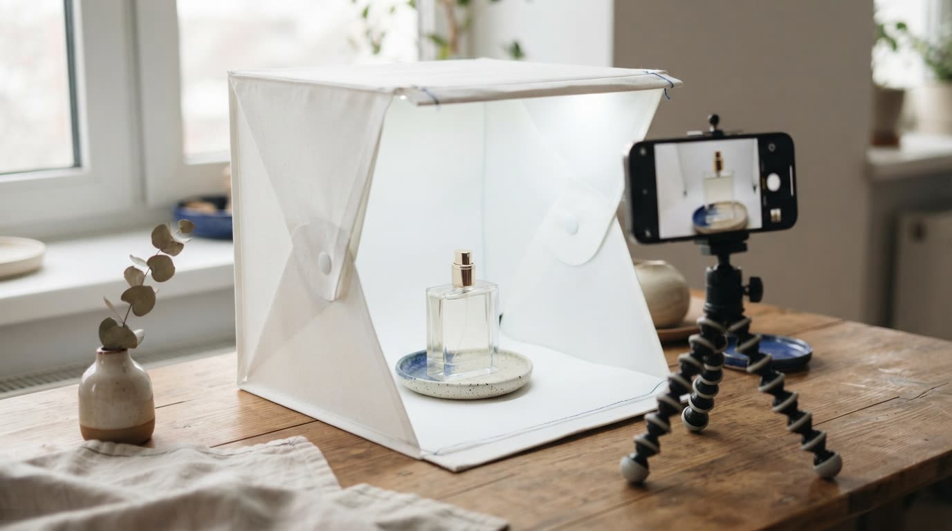 A small home product shoot: a perfume bottle inside a white lightbox, a phone on a tripod, daylight from a window