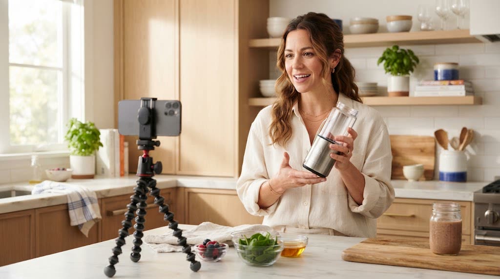 A woman in a bright kitchen holding a small blender and talking to a phone camera propped on the counter