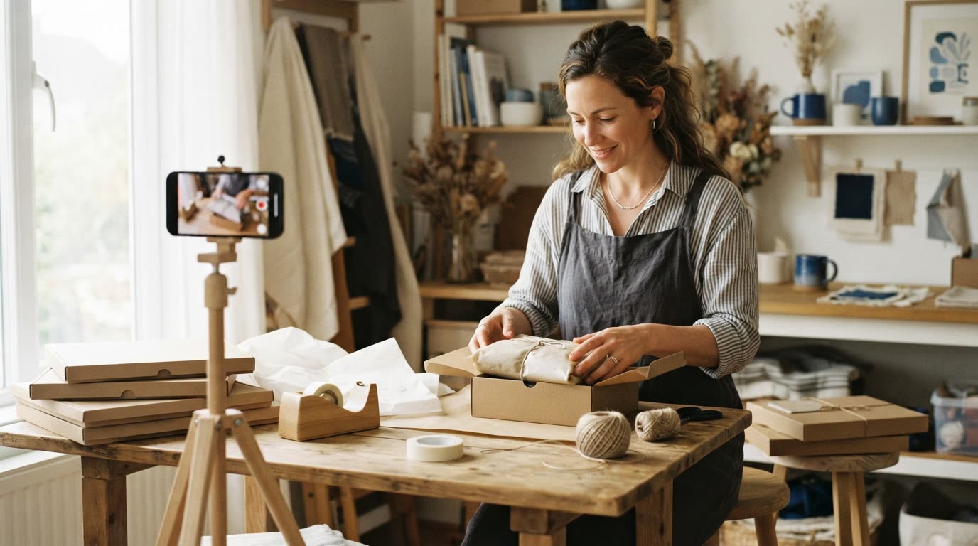 A small home business owner packing orders into kraft boxes at a table, a phone on a stand showing a product video