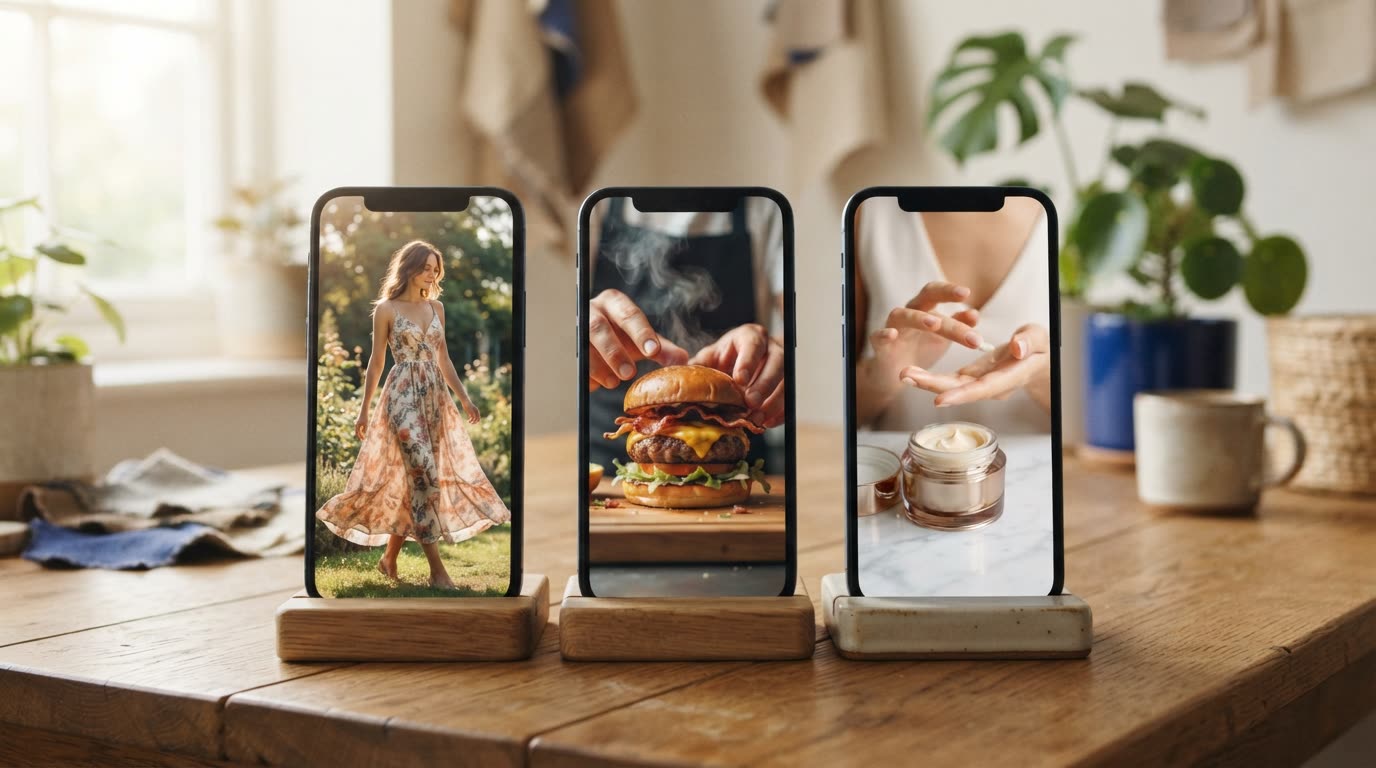 Three smartphones standing side by side showing vertical videos of a dress, a burger and a skincare jar