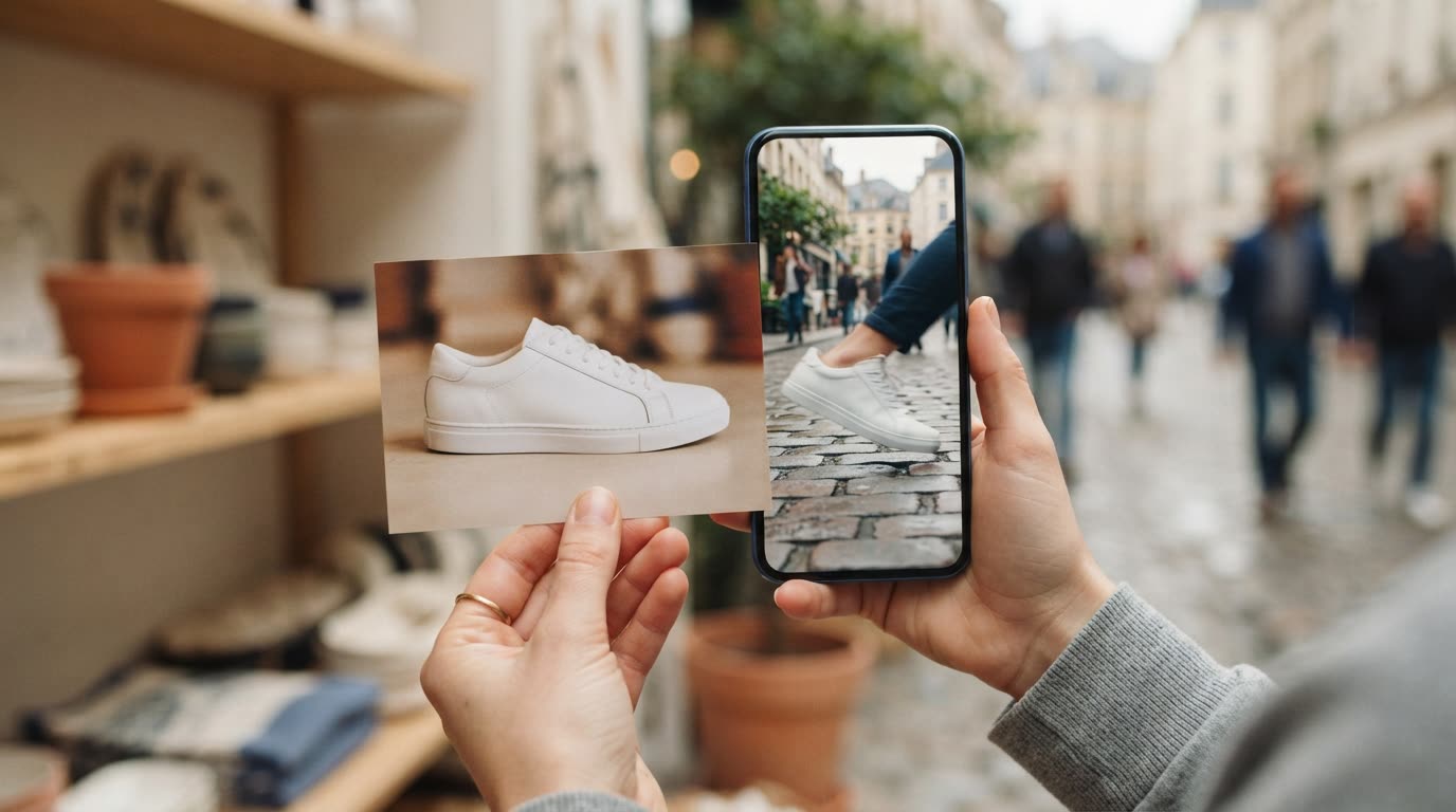 A hand holding a printed photo of a white sneaker in front of a smartphone showing the same sneaker in motion on a city street