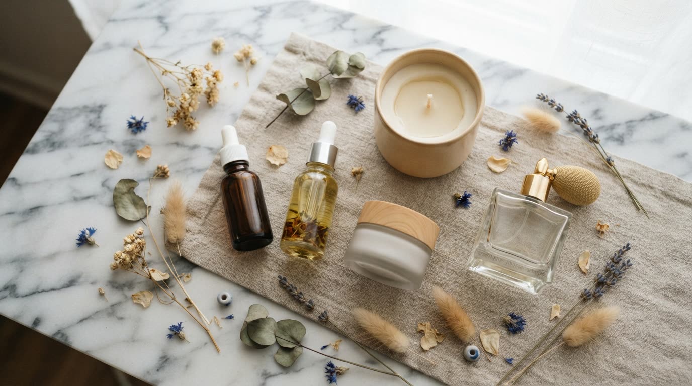 A styled flat lay of skincare bottles, a candle and a perfume bottle with dried flowers and linen on a marble surface