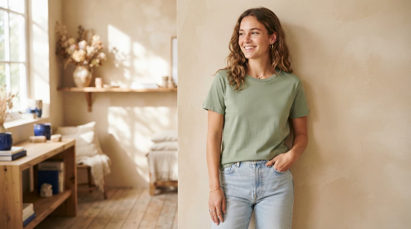 A model wearing a plain sage green t-shirt standing in a warm beige studio with dappled light, relaxed pose