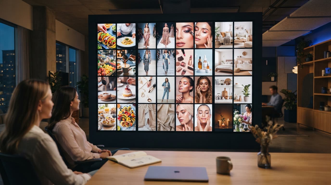 A grid of vertical video frames on a large screen showing food, fashion, beauty and home products, in a dim modern office