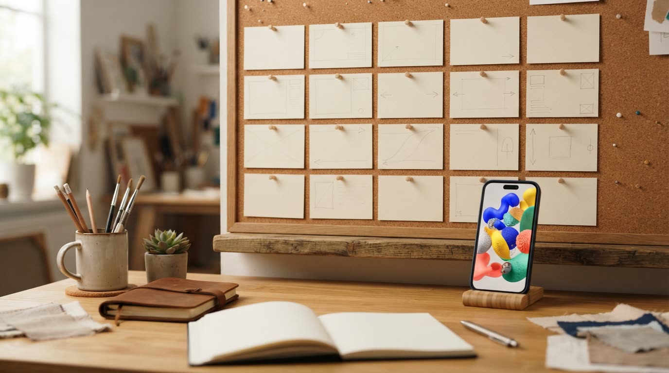 Blank storyboard sketch cards pinned on a corkboard beside a phone showing a colourful product ad, creative studio desk