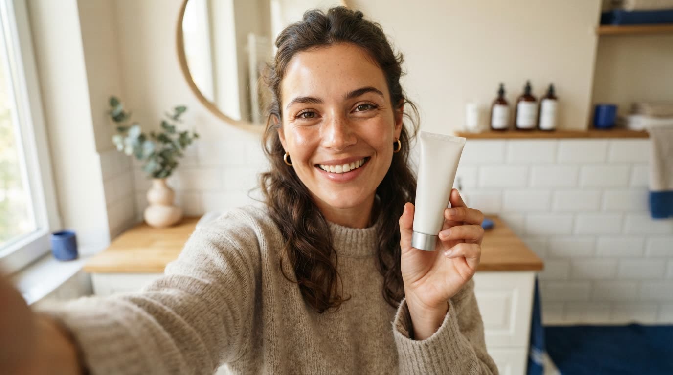 A casual selfie-style shot of a woman in a bathroom holding a skincare tube up to the camera, smiling, natural light
